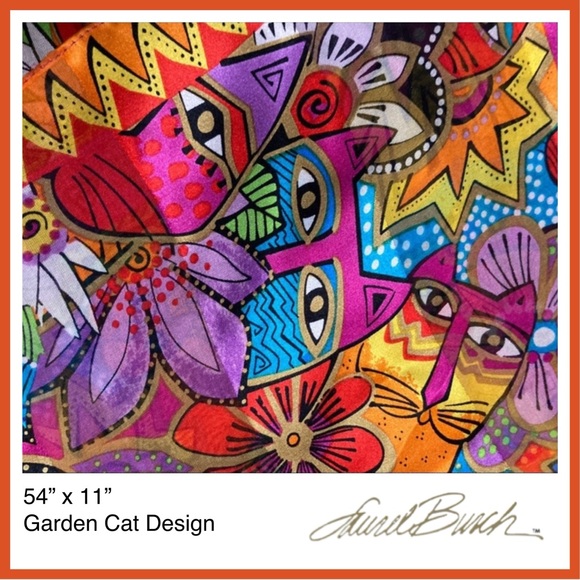 Laurel Burch Accessories - 100% Silk Scarf, Laurel Burch Vintage Lg. Rectangle. 54”x11”. Garden Cat Design.